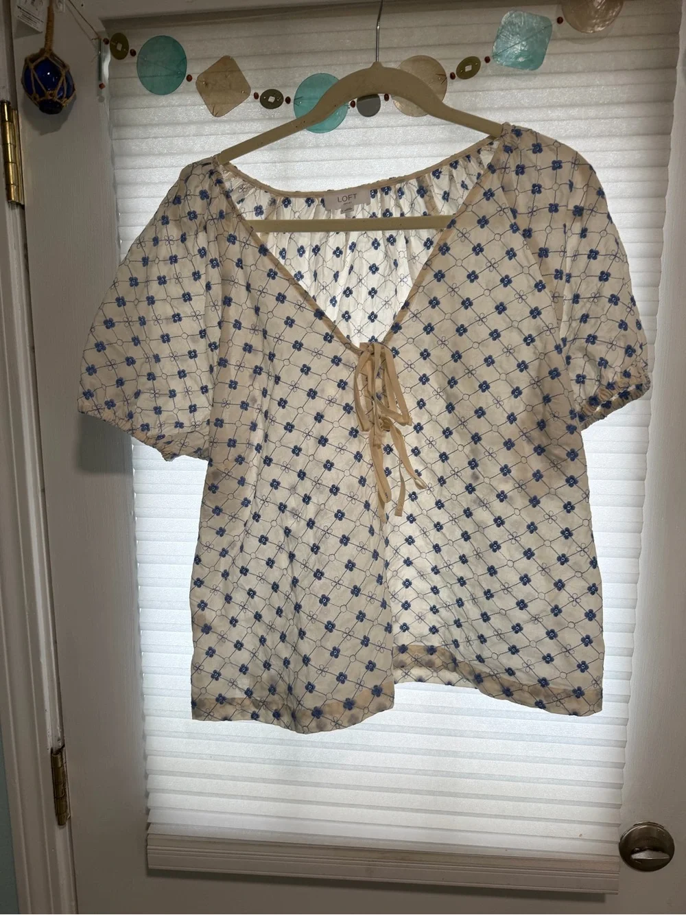 NWT LOFT Cream Peasant Top with Blue Floral Grid